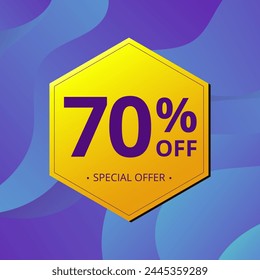 70% Sale and Discount Label. Seventy percent Sale Discount label Geometric design. Abstract Blue and Yellow Hexagon. Vector illustration.