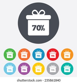 70% sale gift box tag sign icon. Discount symbol. Special offer label. Round colourful 11 buttons. Vector