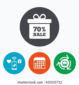 70% sale gift box tag sign icon. Discount symbol. Special offer label. Mobile payments, calendar and wifi icons. Bus shuttle.