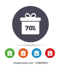 70% sale gift box tag sign icon. Discount symbol. Special offer label. Round colourful buttons with flat icons. Vector