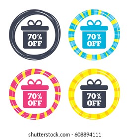 70% sale gift box tag sign icon. Discount symbol. Special offer label. Colored buttons with icons. Poker chip concept. Vector