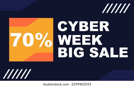 70% Sale off printable tag. Cyber week sale template banner for business blue background