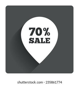 70% sale pointer tag sign icon. Discount symbol. Special offer label. Gray flat square button with shadow. Modern UI website navigation. Vector