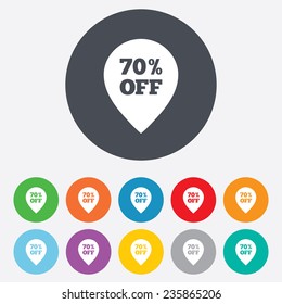 70% sale pointer tag sign icon. Discount symbol. Special offer label. Round colourful 11 buttons. Vector