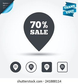 70% sale pointer tag sign icon. Discount symbol. Special offer label. Circle and square buttons. Flat design set. Thank you ribbon. Vector