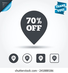 70% sale pointer tag sign icon. Discount symbol. Special offer label. Circle and square buttons. Flat design set. Thank you ribbon. Vector