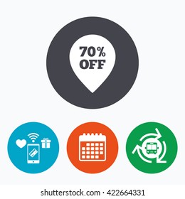 70% sale pointer tag sign icon. Discount symbol. Special offer label. Mobile payments, calendar and wifi icons. Bus shuttle.
