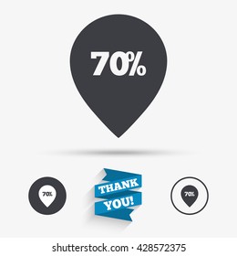 70% sale pointer tag sign icon. Discount symbol. Special offer label. Flat icons. Buttons with icons. Thank you ribbon. Vector