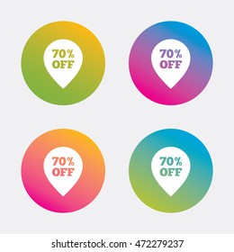 70% sale pointer tag sign icon. Discount symbol. Special offer label. Gradient flat buttons with icon. Modern design. Vector