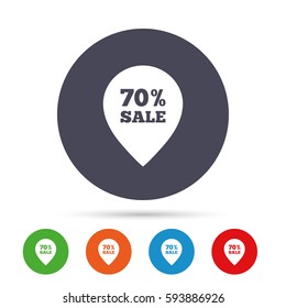 70% sale pointer tag sign icon. Discount symbol. Special offer label. Round colourful buttons with flat icons. Vector