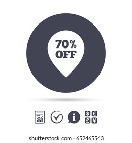 70% sale pointer tag sign icon. Discount symbol. Special offer label. Report document, information and check tick icons. Currency exchange. Vector