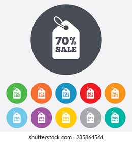 70% sale price tag sign icon. Discount symbol. Special offer label. Round colourful 11 buttons. Vector