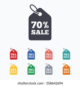 70% sale price tag sign icon. Discount symbol. Special offer label. Colored flat icons on white background.