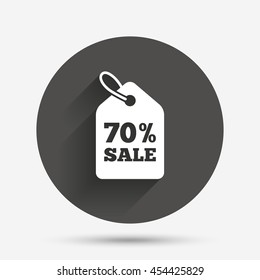 70% sale price tag sign icon. Discount symbol. Special offer label. Circle flat button with shadow. Vector