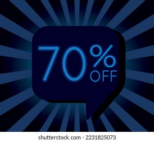 70% seventy percent off. Promotion. neon banner template. dark blue shaped speech bubble