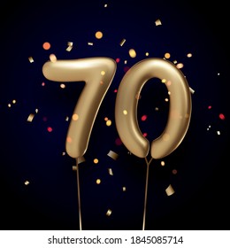 70 sign golden balloons with threads on black background with confetti. Vector festive illustration.