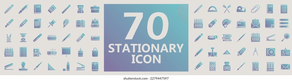 70 solid blue and purple gradient type of stationary icons illustation.