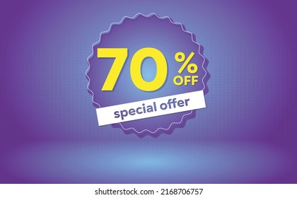 70, 70%, special offer board in purple, yellow and white