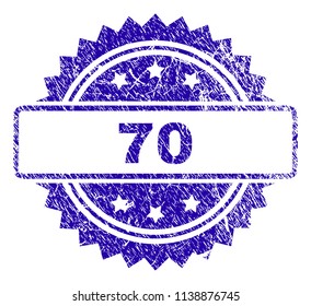 70 stamp imprint with corroded style. Blue vector rubber seal print of 70 label with corroded texture.