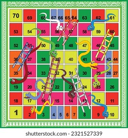 70 steps snakes and ladders board game with batik background is ready to print