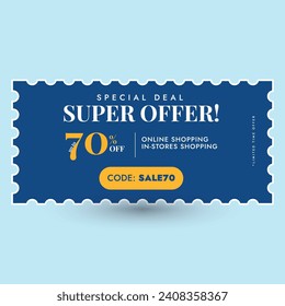 70% super special sale announcement banner. 70% sale coupon banner in dark and light blue colour with a code for discount. Online and in store sale. 