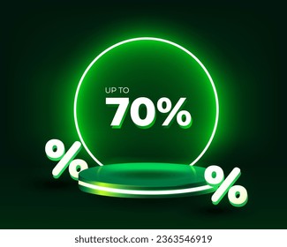 Up to 70% text discount green 3d podium floating in the air with neon rings on background. Stage podium with lighting.