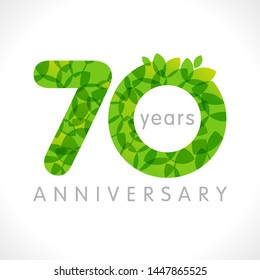 70 th anniversary numbers. 70 years old logotype. Age congrats, congratulation idea with leaves. Isolated abstract graphic design template. Herbal digits, up to 70% percent off discount. Eco label.