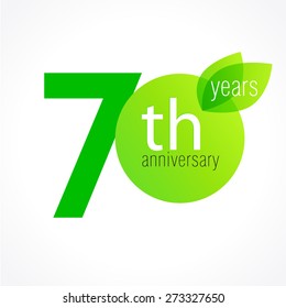 70 th anniversary numbers. 70 years old logotype. Age congrats, congratulation concept with leaves. Isolated abstract graphic design template. Herbal digits, up to 70% percent off discount. Eco label.