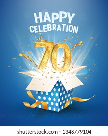 70 th years anniversary and open gift box with explosions confetti. Isolated design element. Template seventy birthday celebration on blue background vector Illustration