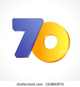 70 th years old congrats. Isolated abstract colored graphic design template. Up to 70 or -70 % off logotype. Round shape 0. Blue 7 and yellow null flying digits. Discount emblem on white background.