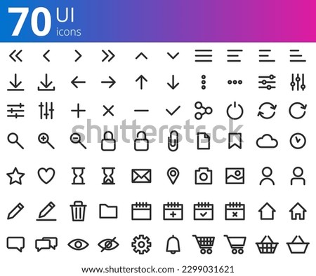 70 UI icons for website and applications set.