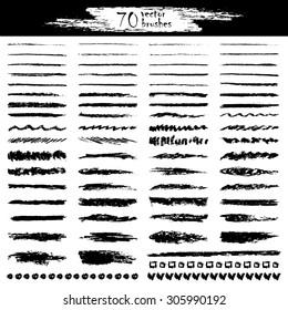 70 vector kunst penselen. Handgetekende houtskoolborstels met ruwe randen.