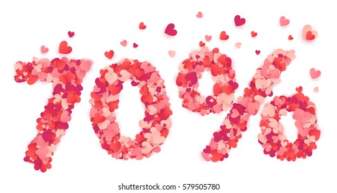 70% vector percentage number made from pink and red confetti hearts