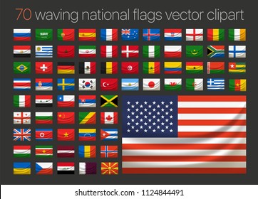 70 waving national flags vector clipart. Layered illustration