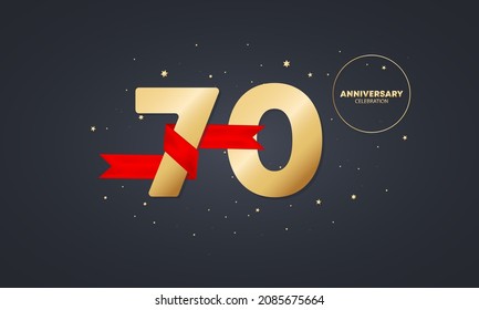 70 year anniversary banner with red ribbon on white. 70th years celebration. Poster or brochure template. Vector EPS 10. Isolated on background.