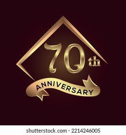 70 year anniversary celebration. Anniversary logo with square and elegance golden colour isolated on red background, vector design for celebration, invitation card, and greeting card