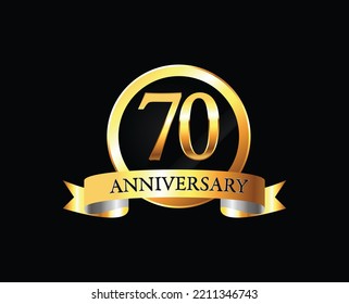 Celebración del 70 Aniversario del Diseño Vector con anillo y cinta. Celebración del 70° Aniversario. Banner de lujo de oro de la celebración del 70 aniversario. tarjeta de celebración número setenta. Aniversario del vector