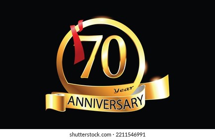 70 Year Anniversary celebration Vector Design with ring and red ribbon. 70th Anniversary celebration. Gold Luxury Banner of 70th Anniversary celebration. seventieth celebration card. 