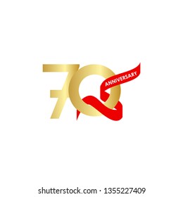 70 Year Anniversary Gold Red Ribbon Vector Template Design Illustration