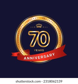 70 year anniversary logo with gold ring and red ribbon, vector template