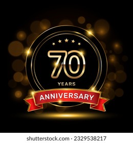 70 year anniversary logo with a gold emblem shape and red ribbon, logo template vector