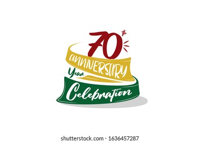 70 year anniversary Red, Yellow, Green Ribbon, minimalist logo, greeting card. Birthday invitation. space vector illustration on yellow background - Vector