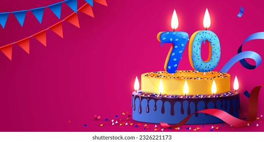 70 years anniversary. Cake with burning candles and confetti. Birthday banner. Vector illustration