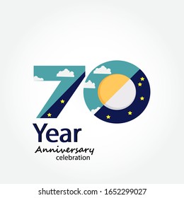 70 years anniversary celebration blue Colors Day and night Design logotype. anniversary logo isolated on White background, vector Horizontal number design for celebration -vector