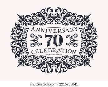 70 years anniversary celebration card with floral ornament in vintage style. Black print on white background. Vector illustration