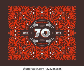 70 years anniversary celebration card with floral ornament in vintage style. Red and white colors on dark background