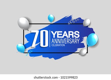 70 years anniversary celebration design with blue brush and balloons isolated on white background