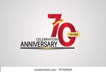 70 years anniversary celebration design with elegance red color and golden ribbon isolated on white background for celebration event