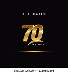 70 Years anniversary celebration golden logotype with swoosh isolated on black background, vector illustration design for greeting card, company event, invitation card, birthday