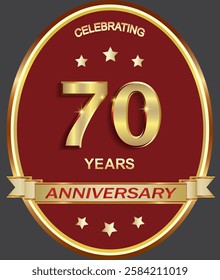  70 years anniversary celebration, greeting card, festive background with golden jubilee numerals in oval frame with stars and ribbon, logo, icon. Vector illustration